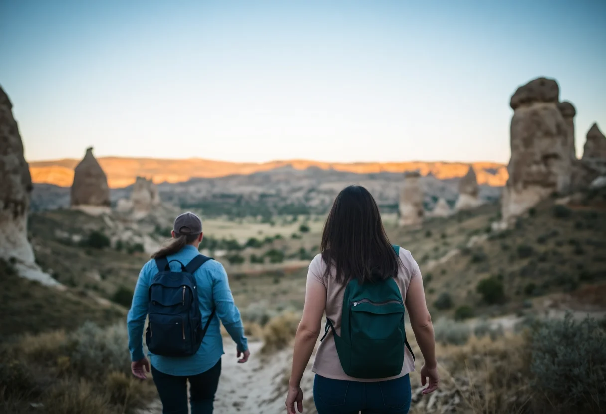 A couple hiking through a scenic valley in Cappadocia with fairy chimneys in the background.