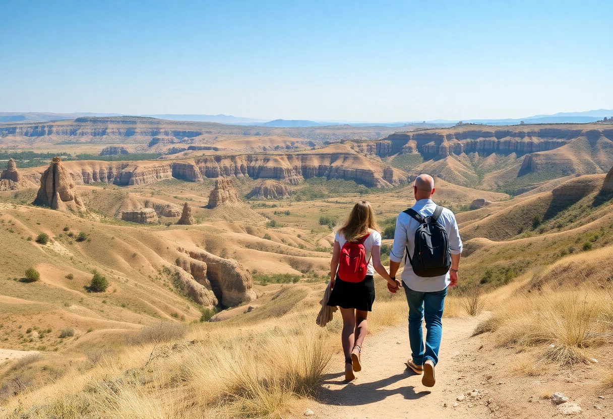 A couple hiking through a scenic valley in Cappadocia
