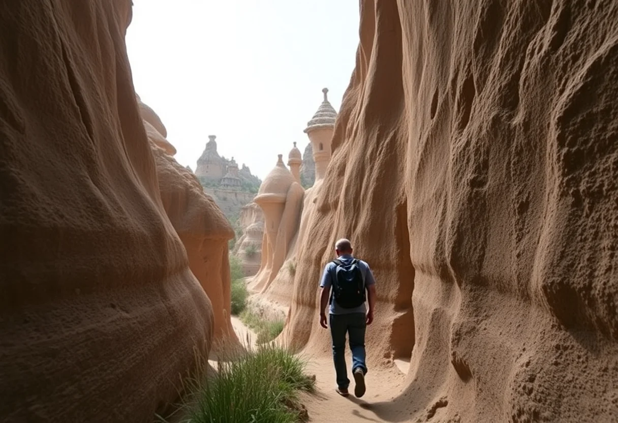 A person hiking through a narrow canyon in Cappadocia with fairy chimneys in the background.