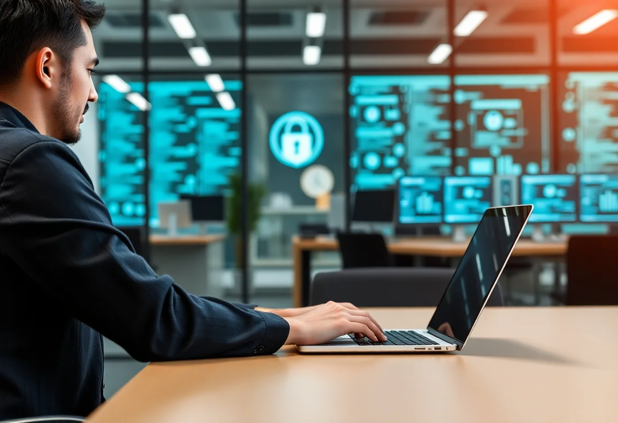 A person working on a laptop in a secure modern office environment, representing data security.