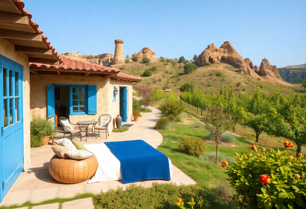 A tranquil eco-farm guesthouse surrounded by vineyards and gardens in Cappadocia.