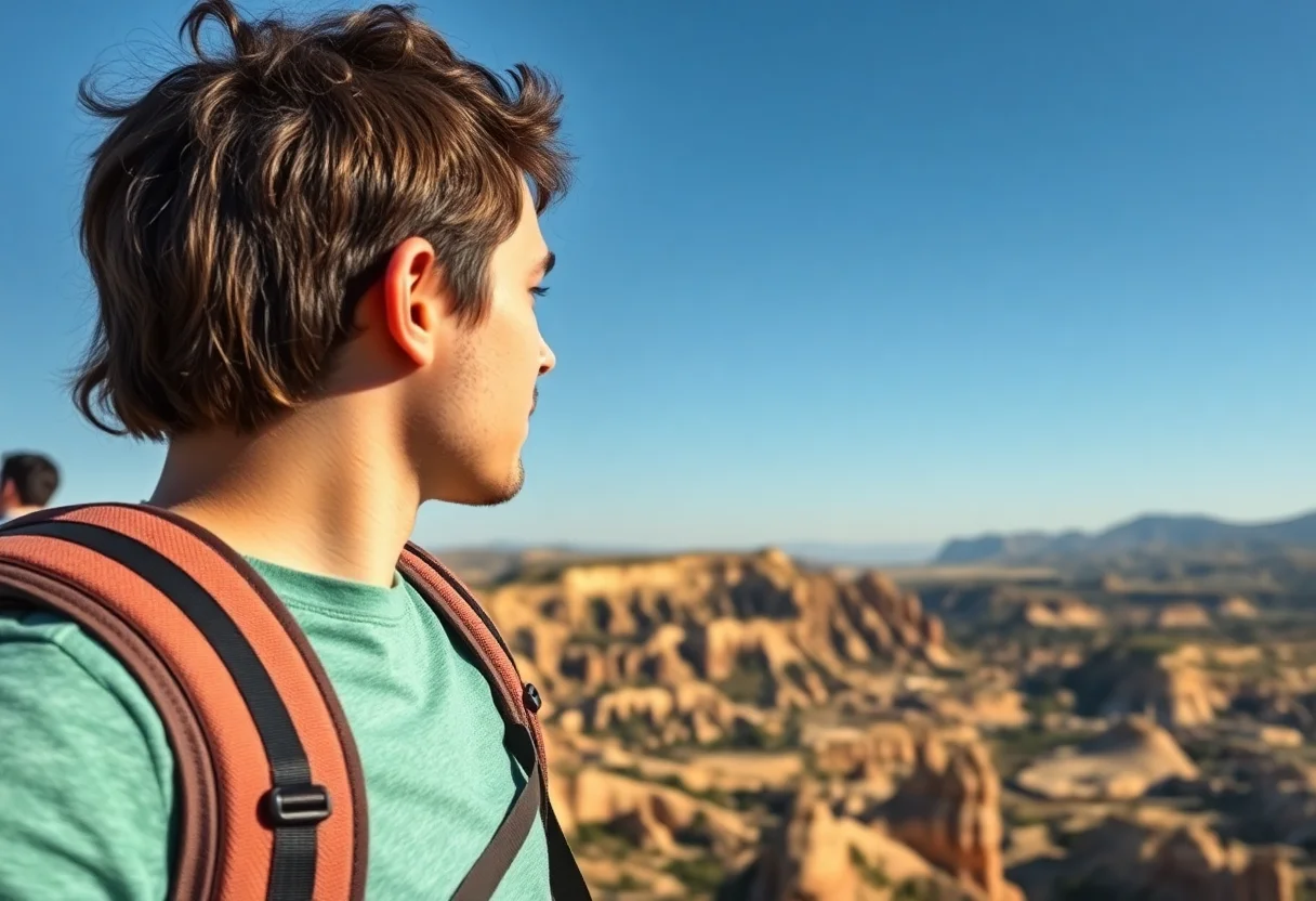 A traveler with a backpack looking out over a stunning valley in Cappadocia.