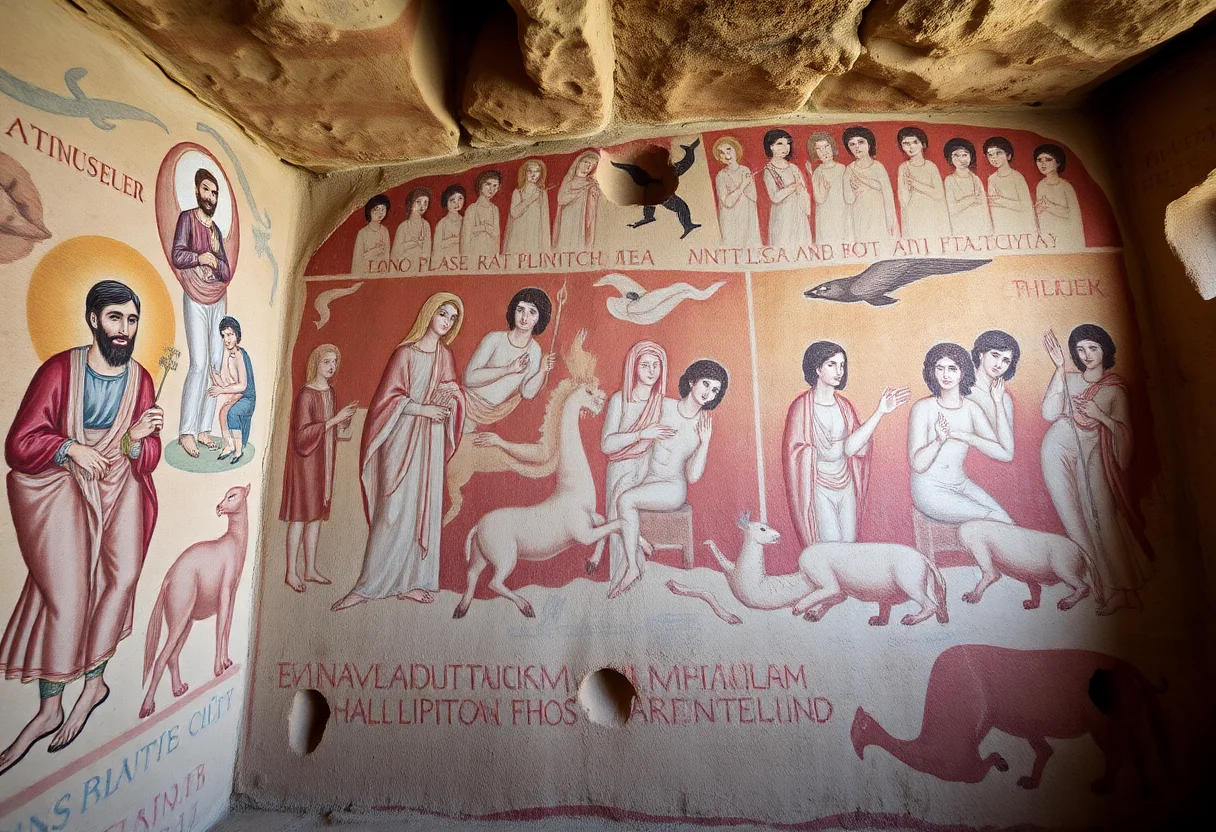 Ancient frescoes on the wall of a cave church in Goreme Open Air Museum, Cappadocia.