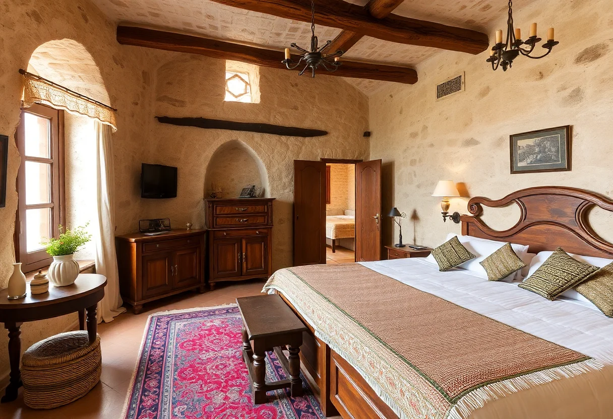 Authentic stone house hotel room in Cappadocia with rustic decoration.