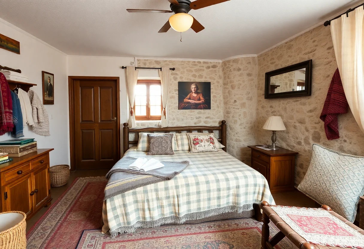 Cozy and rustic pension room with handmade textiles and a stone wall