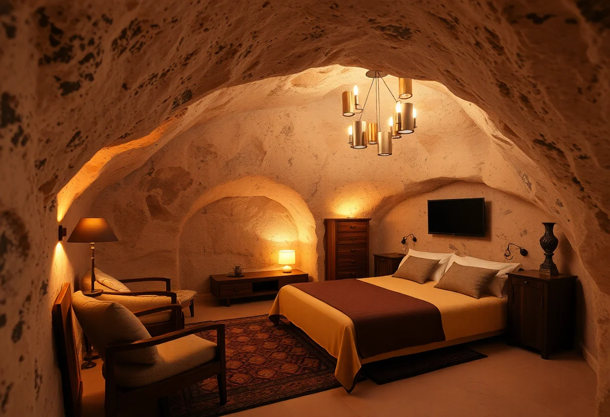 Cozy and warm interior of a cave hotel room carved into the rock.