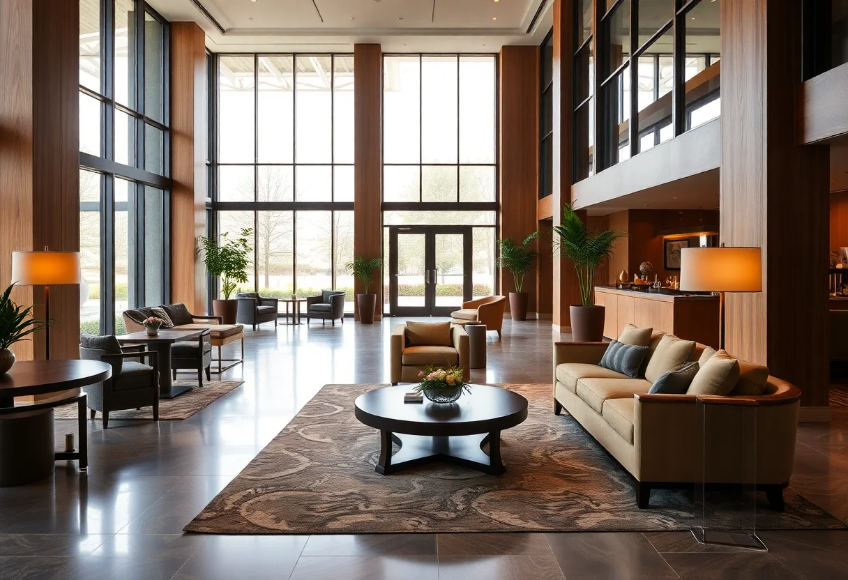 Elegant hotel lobby with sustainable wood furniture and large windows