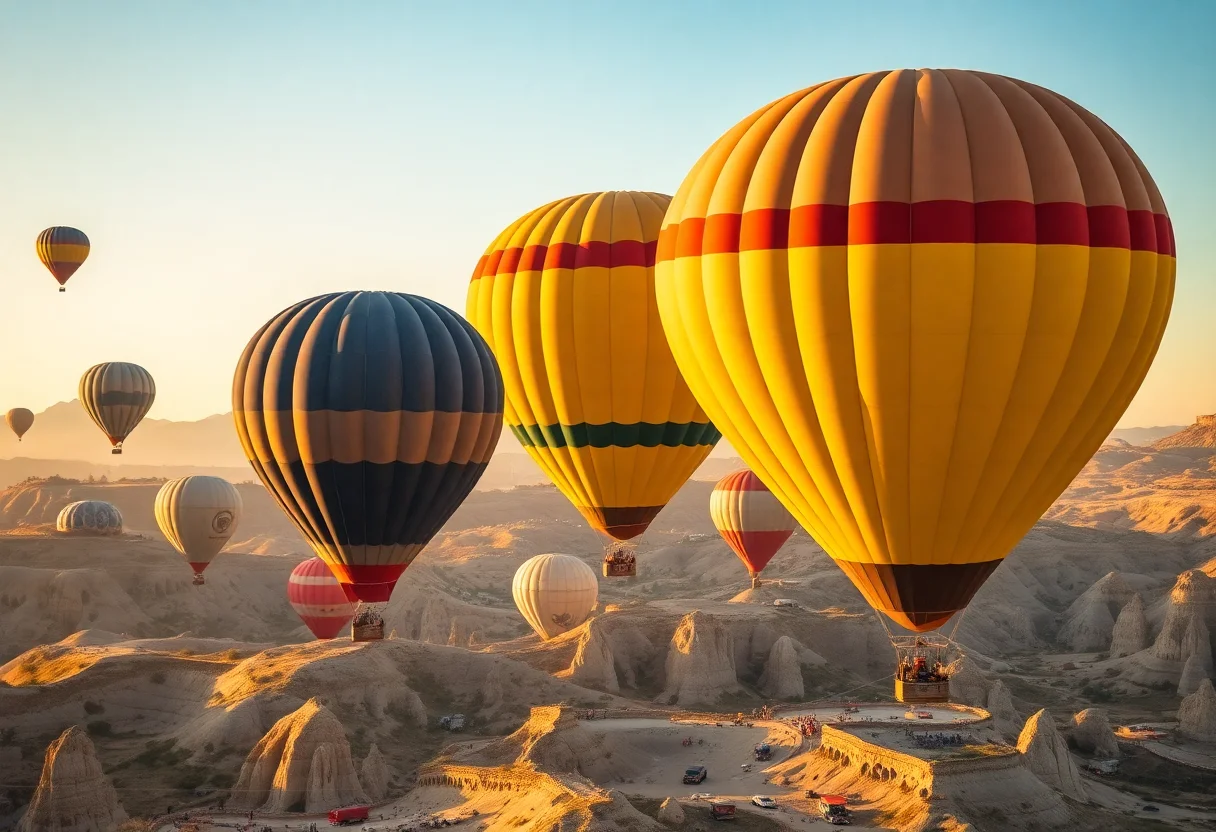Hot air balloons flying over Cappadocia's unique rock formations at sunrise.