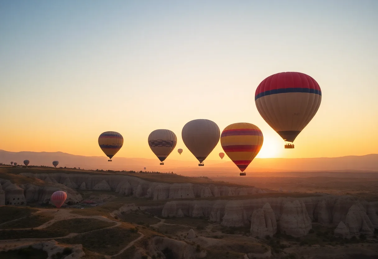 Hot air balloons flying over Cappadocia at sunrise