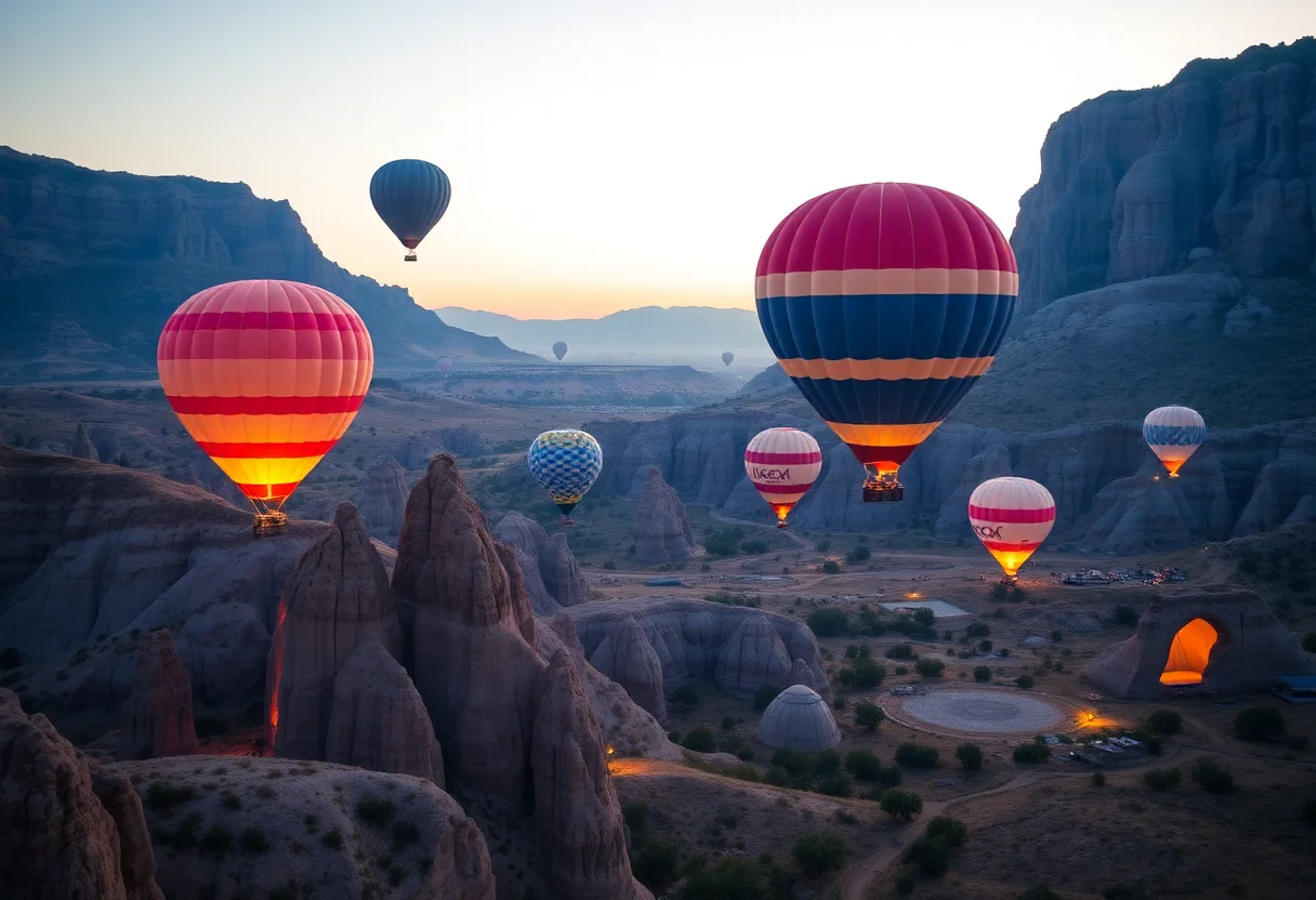Hot air balloons flying over the unique rock formations of Cappadocia at sunrise