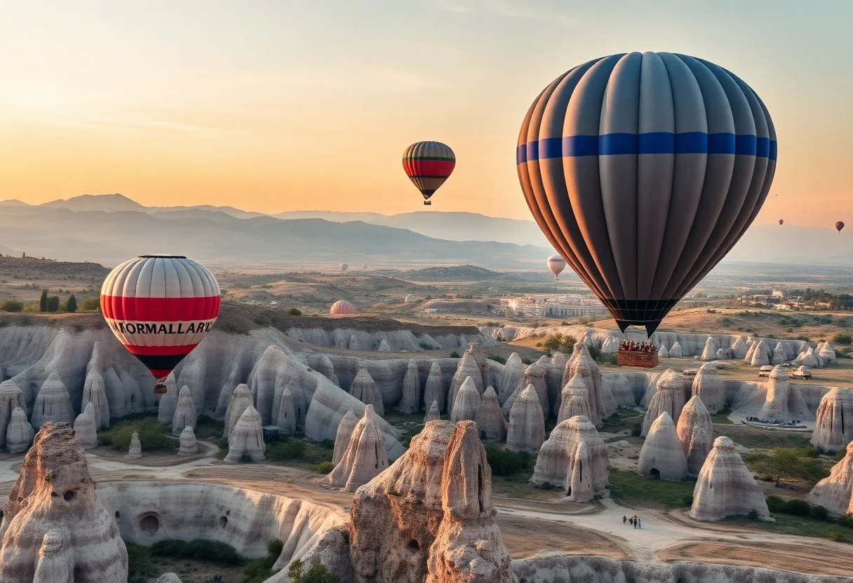 Hot air balloons over the unique rock formations of Cappadocia at sunrise.