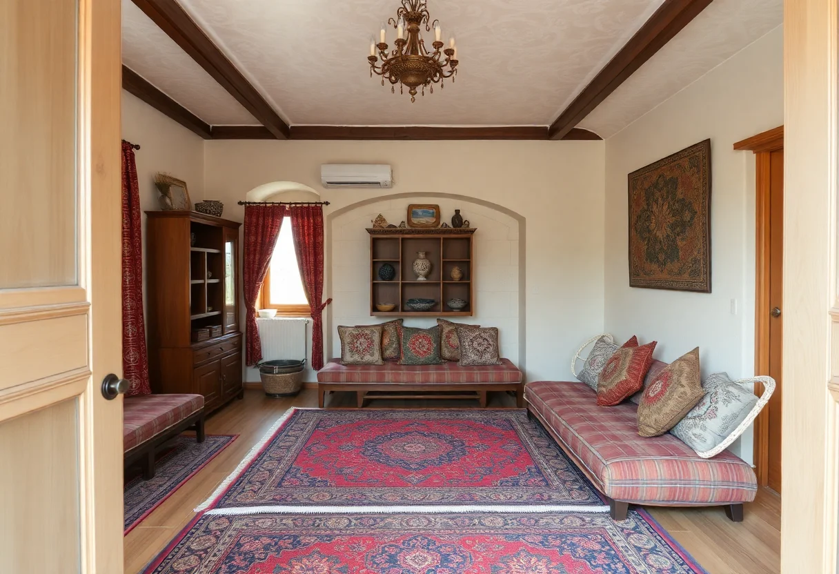 Interior of a traditional Turkish home with handmade carpets and cushions.