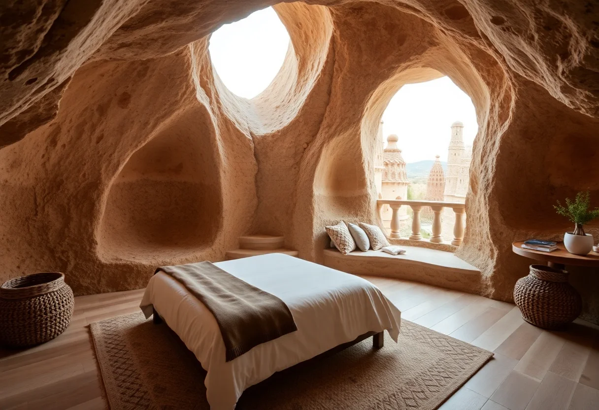 Luxury eco-hotel room carved into a Cappadocian fairy chimney
