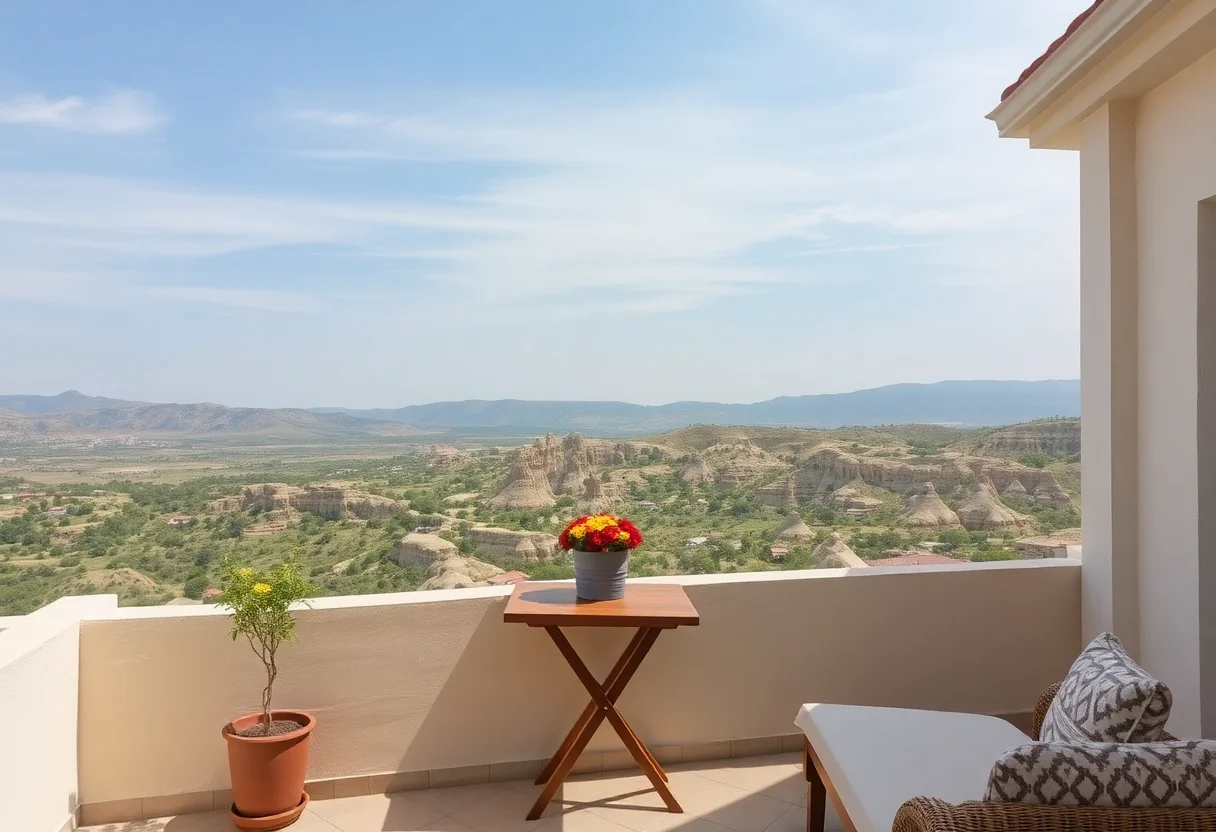 Terrace of a pension with a stunning view of Cappadocia valley