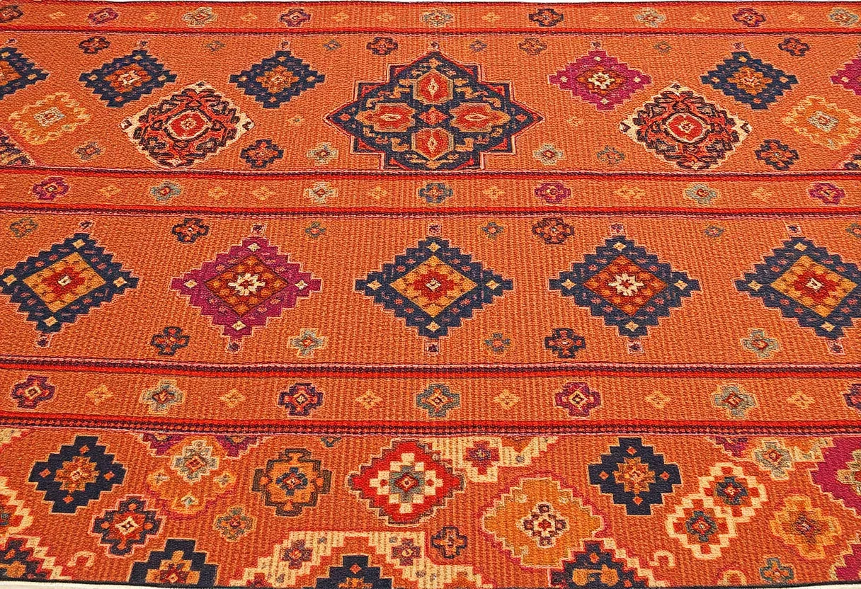 Traditional Turkish kilim rug with intricate patterns.