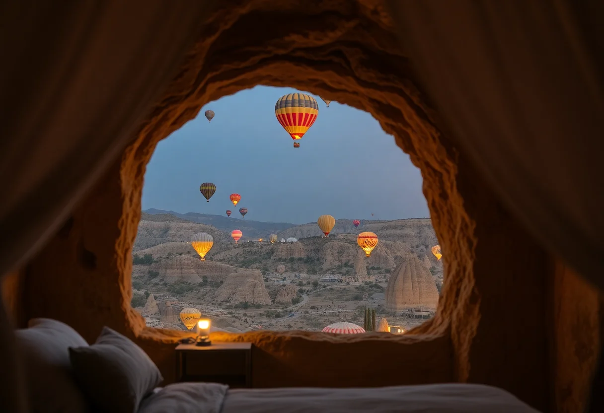 View from inside a cave hotel room looking out at hot air balloons in Cappadocia